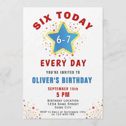 Six Today 6 7 Every Day Meme Star 6th Birthday Kaart (Voorkant)