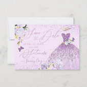 Sixteenera Save the Date Dusty Paarse Gown Kaart (Voorkant)