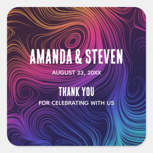 Sixties Vibe Cirkels & Swirls Koel Patroon Bruilof Vierkante Sticker (Voorkant)