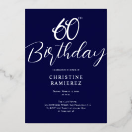 Sixtieth Birthday Party Navy Blue Silver Photo  Folie Uitnodiging