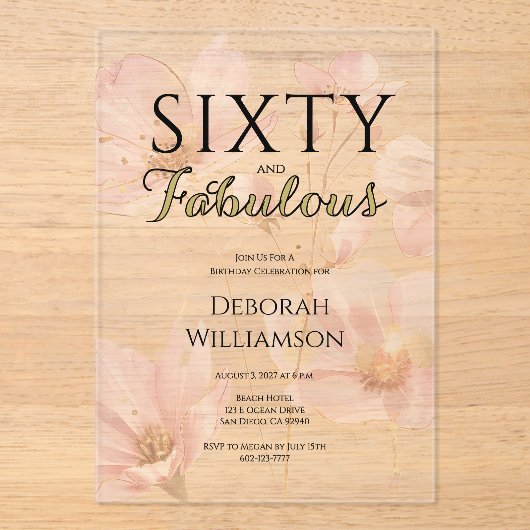 Sixty and Fabulous Black Pink 60th Birthday Party Acryl Uitnodigingen (Voorkant)