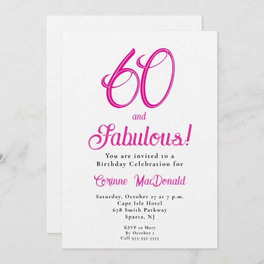 Sixty and Fabulous Script Pink 60th Birthday Party Kaart (Voorkant / Achterkant)