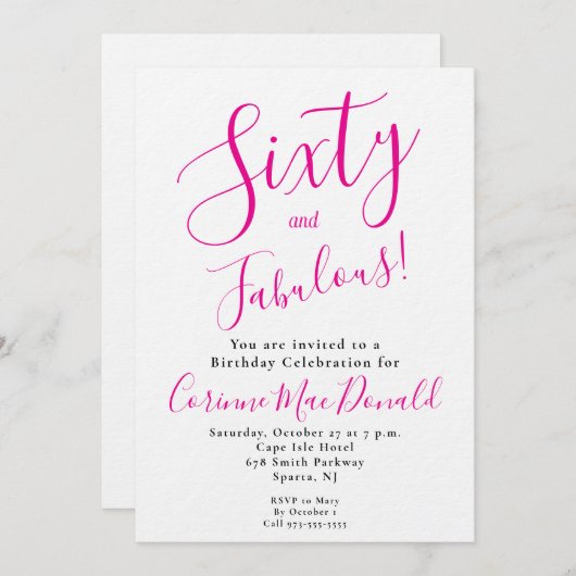 Sixty and Fabulous Script Pink 60th Birthday Party Kaart (Voorkant / Achterkant)