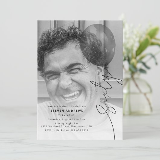 Sixty Balloon String | Photo 60th Birthday Party Kaart (Staand voorkant)