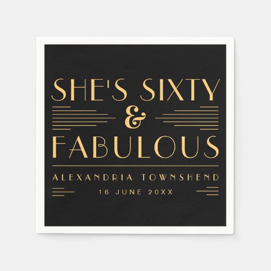 Sixty & Fabulous Art Deco Name Date 60th Birthday Servet (Voorkant)