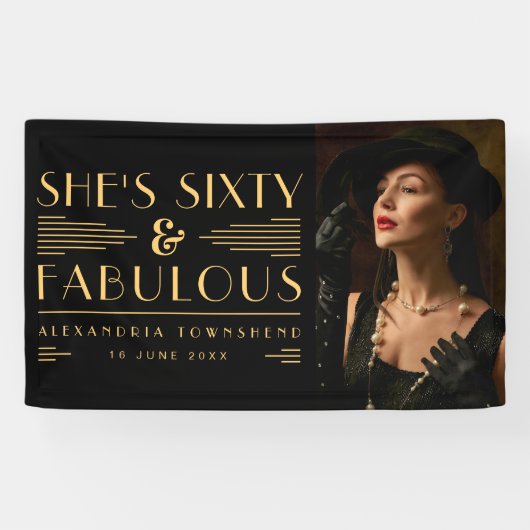 Sixty & Fabulous Art Deco Photo 60th Birthday Spandoek (Horizontaal)