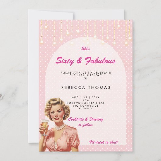 Sixty & Fabulous Retro Pink verjaardagsuitnodiging Kaart (Voorkant)