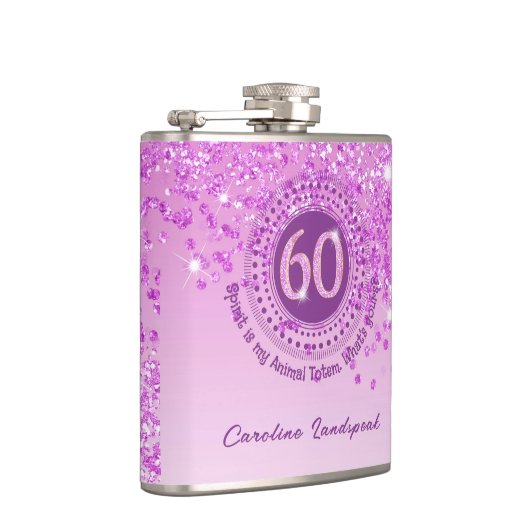 Sixty & Pink Glitter & Drink Quote Heupfles (Rechts)