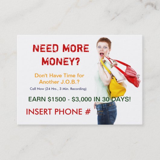 Sizzle Card - Meer geld nodig? Visitekaartje (Voorkant)