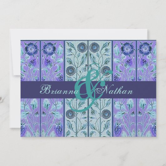 Sjabloon Aqua en Paarse Damask Wedding Kaart (Voorkant)