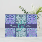 Sjabloon Aqua en Paarse Damask Wedding Kaart (Staand voorkant)