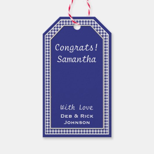 Sjabloon blauw-wit Gingham-HANG LABEL Cadeaulabel (Voorkant)