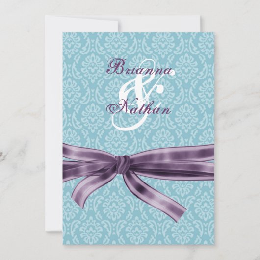 Sjabloon Blauwe en Paarse Damask en Bow Wedding Kaart (Voorkant)