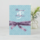 Sjabloon Blauwe en Paarse Damask en Bow Wedding Kaart (Staand voorkant)