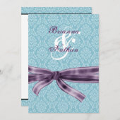 Sjabloon Blauwe en Paarse Damask en Bow Wedding Kaart (Voorkant / Achterkant)