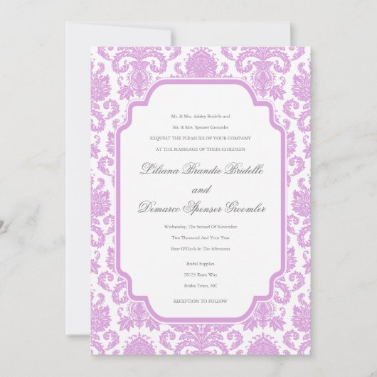 Sjabloon Bleke Plum Wedding Damask Border Kaart (Voorkant)