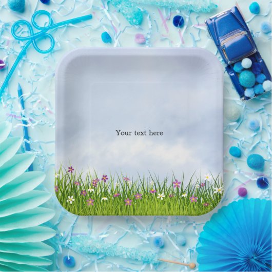 Sjabloon, Blue Sky en zomerbloemen, Papieren Bordje (Feest)