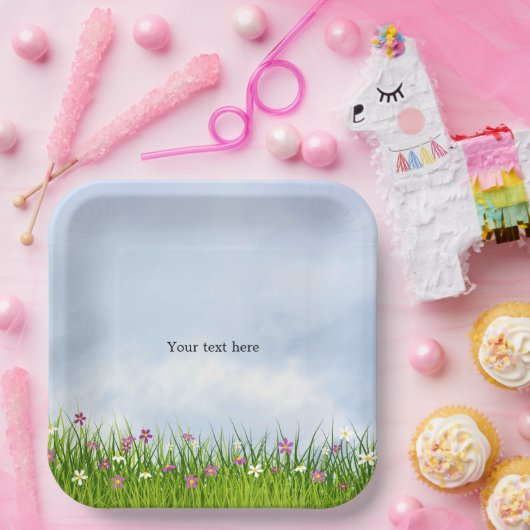 Sjabloon, Blue Sky en zomerbloemen, Papieren Bordje (Feest)