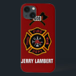 Sjabloon brandblusafdeling badge naam iPhone 13 hoesje<br><div class="desc">De logo van de Afdeling van de brand met klantgerichte aantallen. Geweldig voor brandweerlieden en eerstehulpverleners. Klik op Aanpassen om de achtergrondkleur van de brandweermotor rood te wijzigen in iets anders. Pas je eigen naam aan.</div>