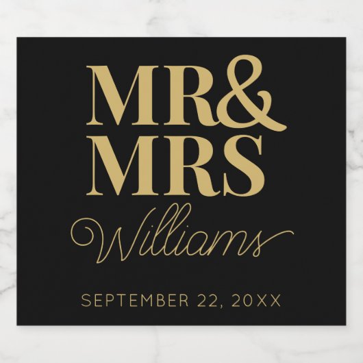 Sjabloon bruiloft gunst Mr. & Mrs Naam Eenvoudig M Sparkling Wijnetiket (Enkel label)