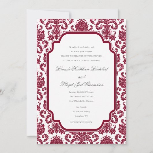 Sjabloon Burgundy Wedding Damask Pattern Kaart (Voorkant)