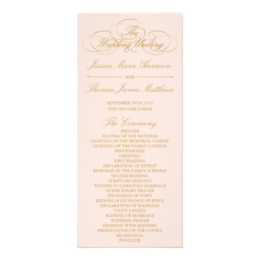 Sjabloon Elegant Blush Pink & Gold Wedding Program Reclamekaart (Voorkant)