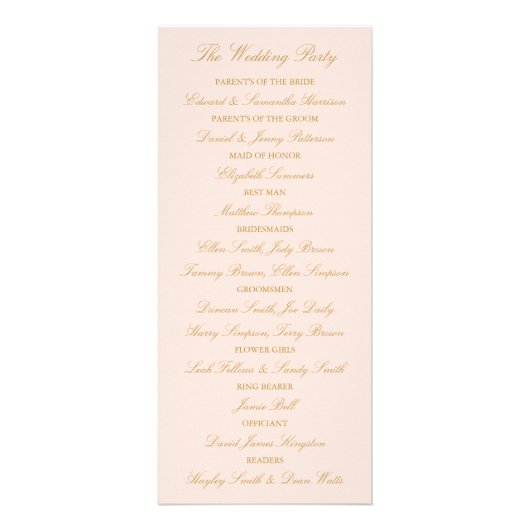 Sjabloon Elegant Blush Pink & Gold Wedding Program Reclamekaart (Achterkant)