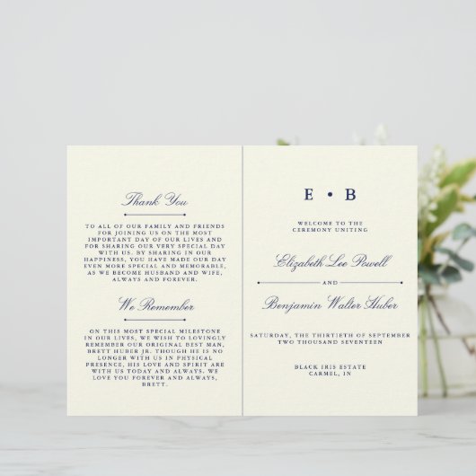Sjabloon Elegant Navy Blue & Ivory Wedding Program (Staand voorkant)