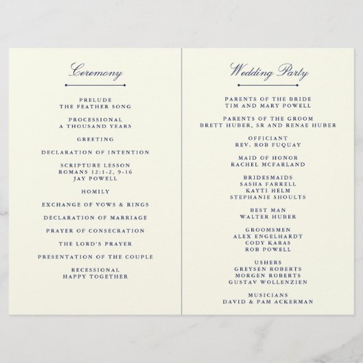 Sjabloon Elegant Navy Blue & Ivory Wedding Program (Achterkant)