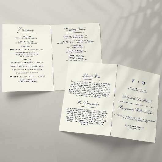 Sjabloon Elegant Navy Blue & Ivory Wedding Program