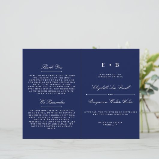 Sjabloon Elegant Navy Blue & White Wedding Program (Staand voorkant)