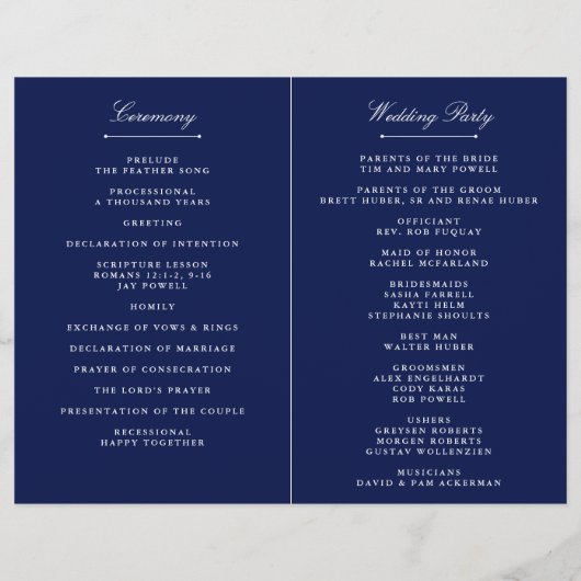 Sjabloon Elegant Navy Blue & White Wedding Program (Achterkant)