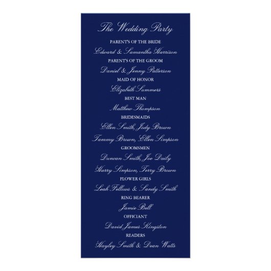 Sjabloon Elegant Navy Blue & White Wedding Program Reclamekaart (Achterkant)
