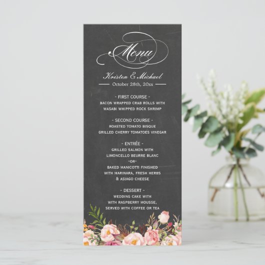 Sjabloon  Floral Chalkboard van het bruiloft Menu (Staand voorkant)