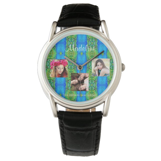 Sjabloon foto's Collage aangepaste tekst pauw-them Horloge (Voorkant)