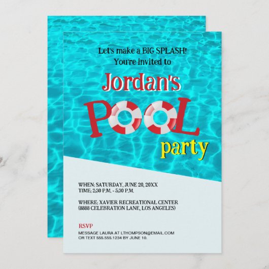 Sjabloon Fun Birthday Pool Party Kaart (Voorkant / Achterkant)