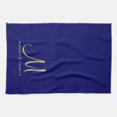 Sjabloon Goud Monogram Familienaam Navy Blauw Theedoek (Horizontaal)