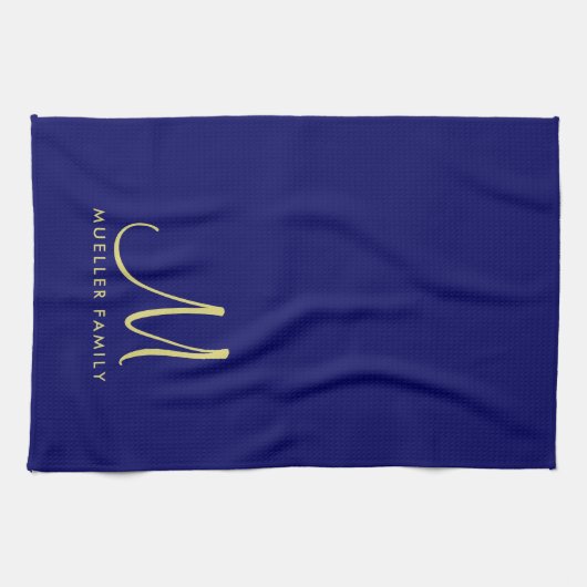 Sjabloon Goud Monogram Familienaam Navy Blauw Theedoek (Horizontaal)