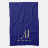 Sjabloon Goud Monogram Familienaam Navy Blauw Theedoek (Verticaal)