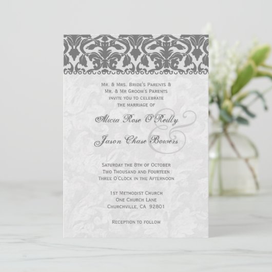 Sjabloon grijs en zilver Damask Wedding Kaart (Staand voorkant)