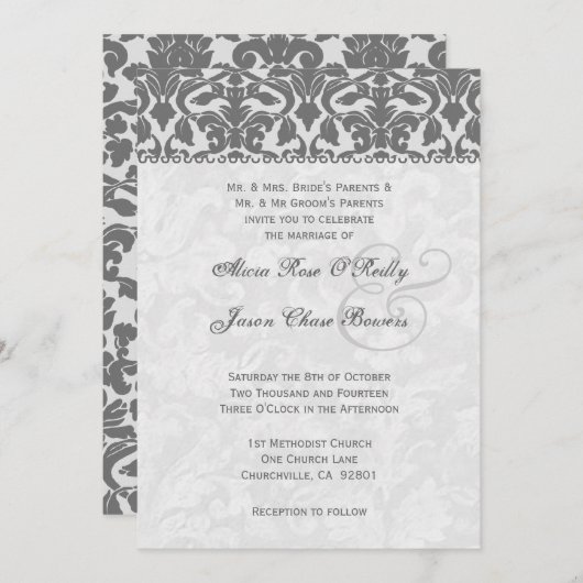 Sjabloon grijs en zilver Damask Wedding Kaart (Voorkant / Achterkant)
