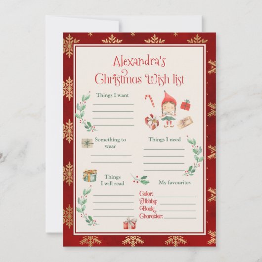 Sjabloon kerstverlanglijst kaart (Voorkant)