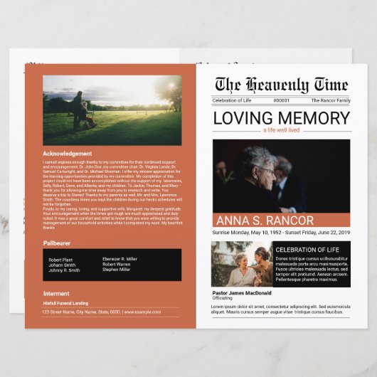 Sjabloon krantenstijl begrafenisprogramma (Voorkant / Achterkant)