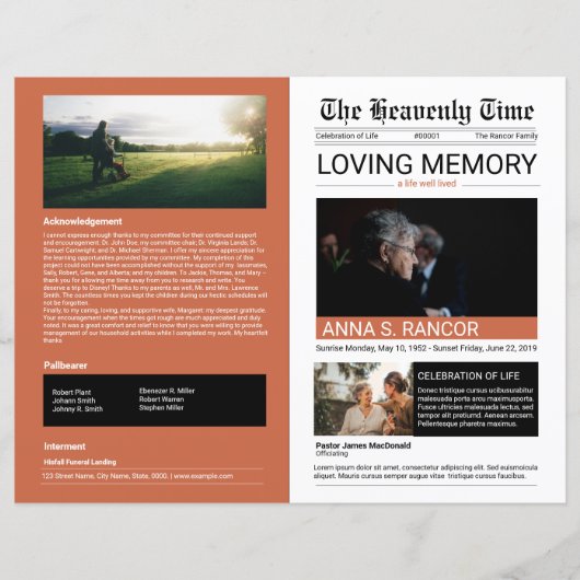 Sjabloon krantenstijl begrafenisprogramma (Voorkant)