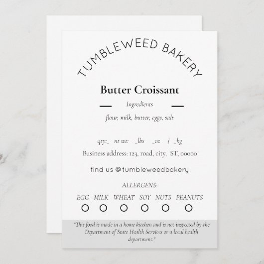 Sjabloon met voedseletiketten kaart (Voorkant / Achterkant)