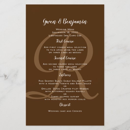 Sjabloon Monogram bruine bruiloft Entree Menu (Voorkant)