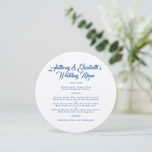 Sjabloon Navy Kraft Paper Round Wedding Menu Kaart (Staand voorkant)