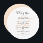 Sjabloon Rond Monogram Weddenschap Kaart<br><div class="desc">Rond, of vierkant, de sjabloon van het trouwmenu met monogram initiaal in blose, of perzikkleur. De witte kaarten hebben zwart manuscript voor de titel en de gedrukte teksten voor de menulijst. De ruimten van het gebruik en het hoofdletters voor secties, of verander de formulering zoals nodig. Het huwelijksmonogram van het...</div>