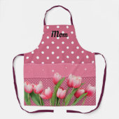 Sjabloon Roze Tulpen op roze en witte pooldots Schort (Voorkant)