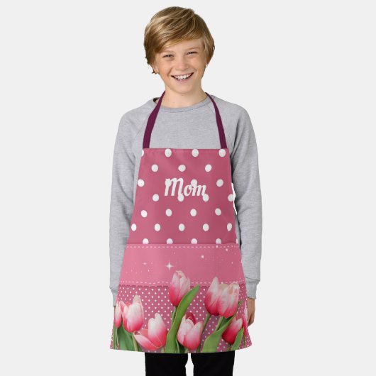 Sjabloon Roze Tulpen op roze en witte pooldots Schort (Gedragen)